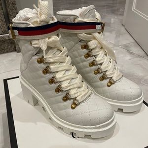 Gucci Sylvie Web Accent Leather Lace up Boots
